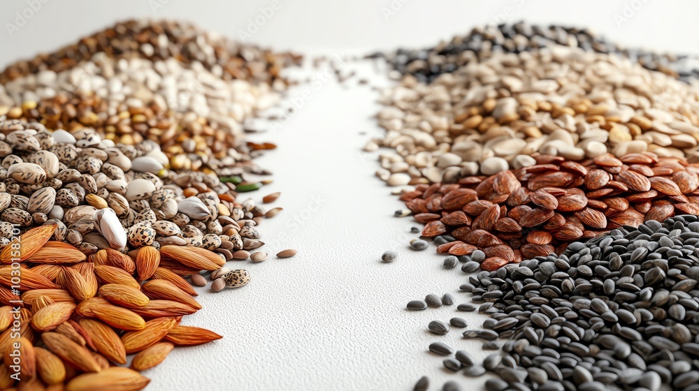 Obraz premium 100 different seeds, centered layout, white clean background, 3D illustration