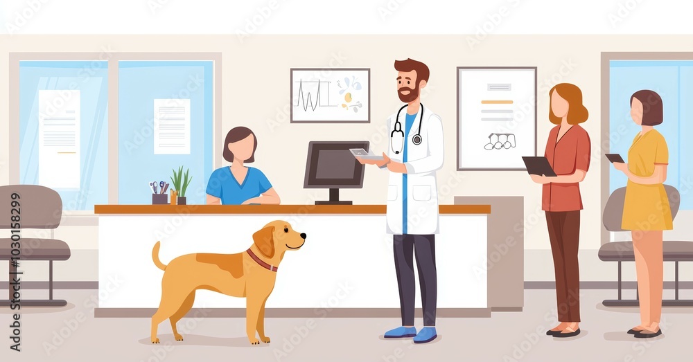 Fototapeta premium A veterinarian examining a small dog, surrounded by medical equipment and pet owners waiting in the lobby of a cheerful animal clinic