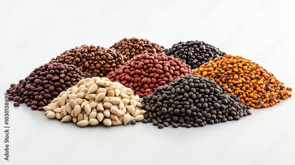 Collection of seeds, centered composition, clean white background, 3D illustration Collection of seeds, centered composition, clean white background, 3D illustration