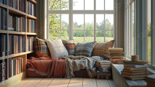 Cozy reading nook with home library collection of books