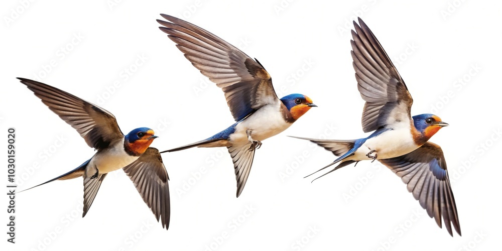 Fototapeta premium Minimalist illustration of flying swallows on white background