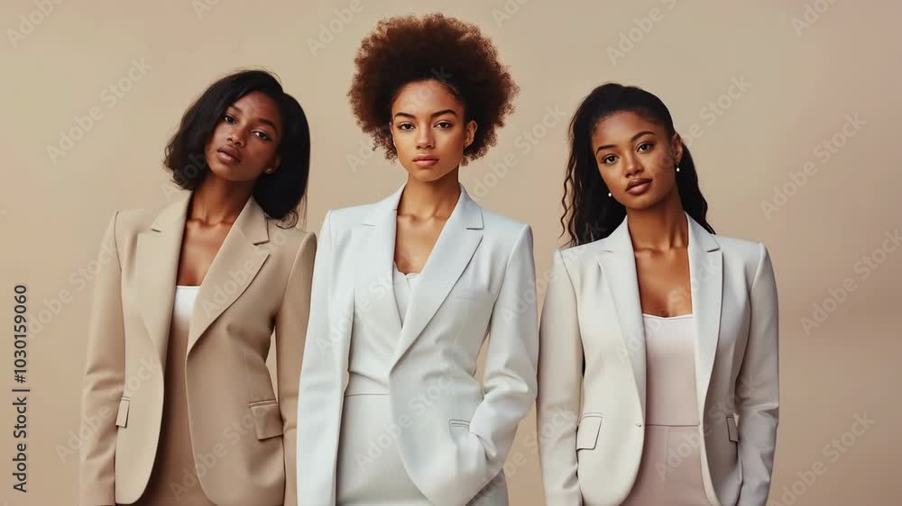 Three women wearing white suits stand in a row. Concept of professionalism and sophistication Three women wearing white suits stand in a row. Concept of professionalism and sophistication