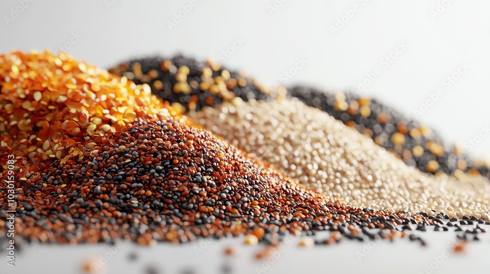 Mixed seeds, rightside alignment, white negative space, 3D illustration Mixed seeds, rightside alignment, white negative space, 3D illustration
