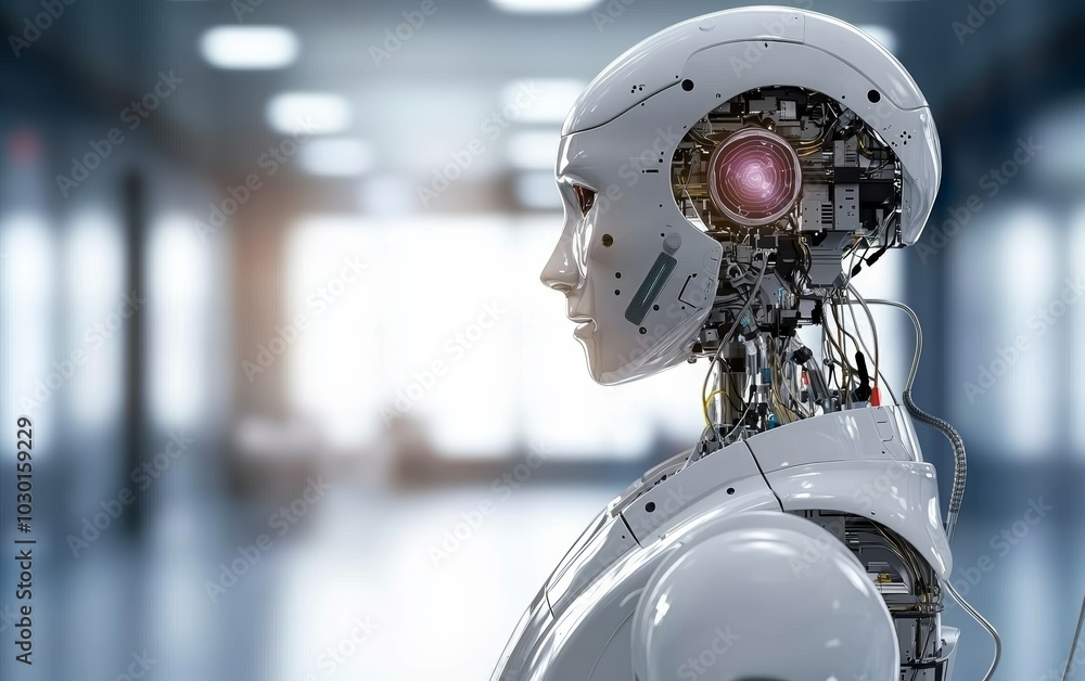 Fototapeta premium An autonomous healthcare robot scanning hospital rooms, checking patient vitals, and updating medical records with AI-driven accuracy