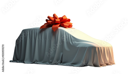 Minivan wrapped in a silk cover with a large red ribbon bow, symbolizing a special gift vehicle. Ideal for car promotions, giveaways, and festive occasions. Transparent background