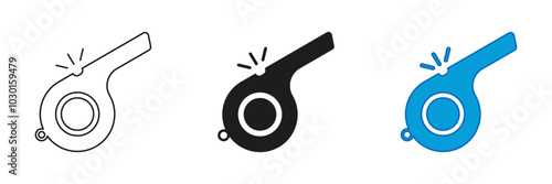 Whistle Line and Silhouette Icon for Referee or Sports Equipment. Referee Sport Tool Color Symbol. Editable Stroke. Isolated Vector Illustration