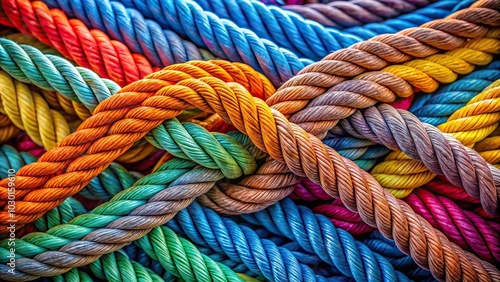 Minimalist intricately knotted ropes highlighted showcasing texture and strength amidst a colorful backdrop