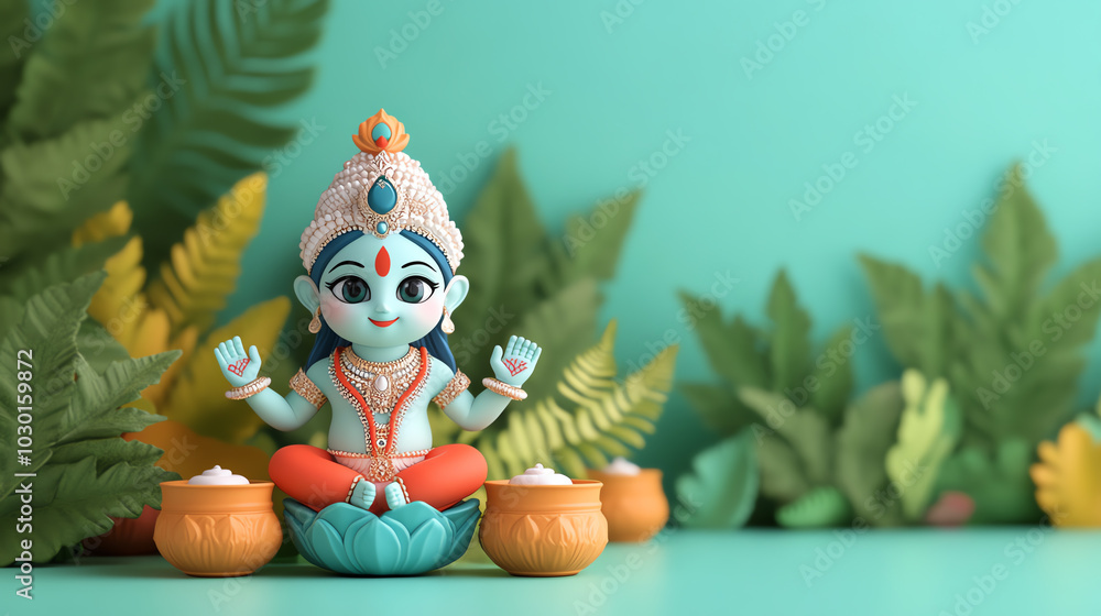 A colorful figurine of a deity, surrounded by vibrant greens and decorative elements, symbolizing spirituality and culture. Ideal for festive themes and religious contexts. A colorful figurine of a deity, surrounded by vibrant greens and decorative elements, symbolizing spirituality and culture. Ideal for festive themes and religious contexts.