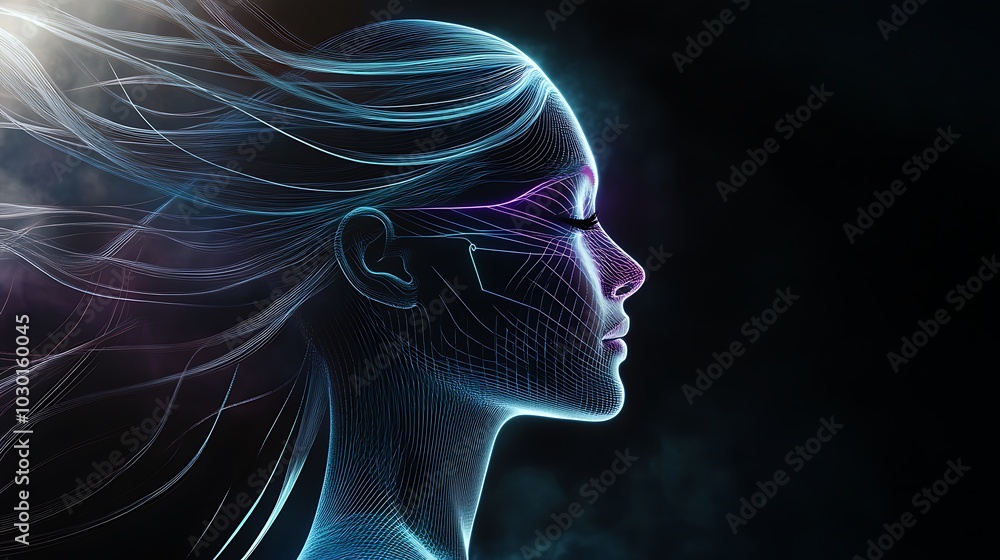 A stunning stock photo featuring a futuristic profile of a woman, her face adorned with intricate, glowing abstract lines A stunning stock photo featuring a futuristic profile of a woman, her face adorned with intricate, glowing abstract lines