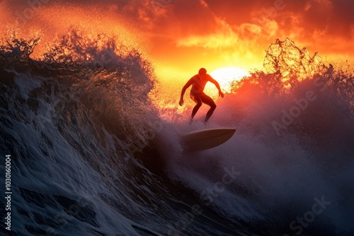 A surfer catches a massive wave at sunset. The colors are vibrant and lively. This image captures the thrill of surfing in dramatic light. Generative AI photo