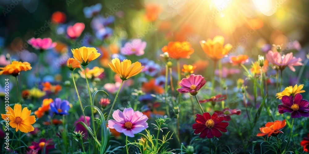 A vibrant array of blooming flowers in a sunlit garden during early springtime A vibrant array of blooming flowers in a sunlit garden during early springtime