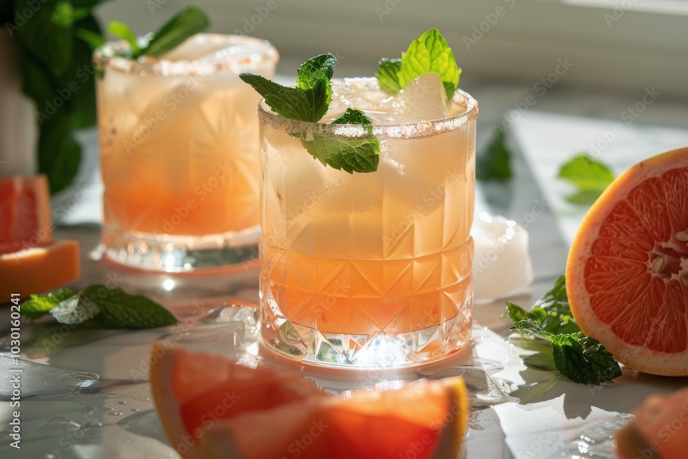 Refreshing grapefruit cocktails served with ice and mint on a sunny afternoon Refreshing grapefruit cocktails served with ice and mint on a sunny afternoon