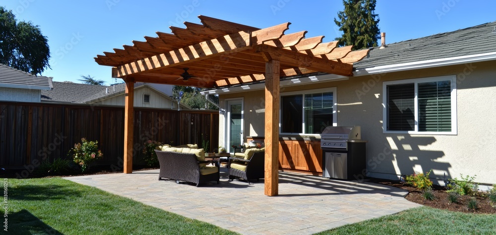 Obraz premium A backyard with a built-in outdoor kitchen, wooden pergola, and cozy seating area surrounded by low-maintenance, drought-tolerant plants