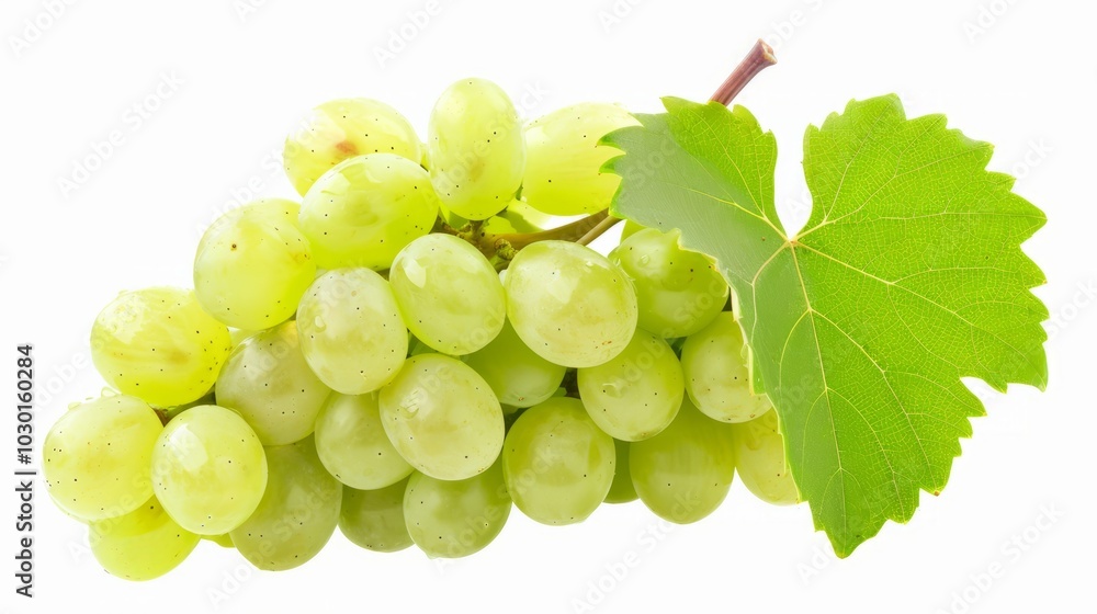 Obraz premium Captivating Sweet Green Grape Cluster: Pristine Shine Muscat Grapes with Leaves, Isolated on a White