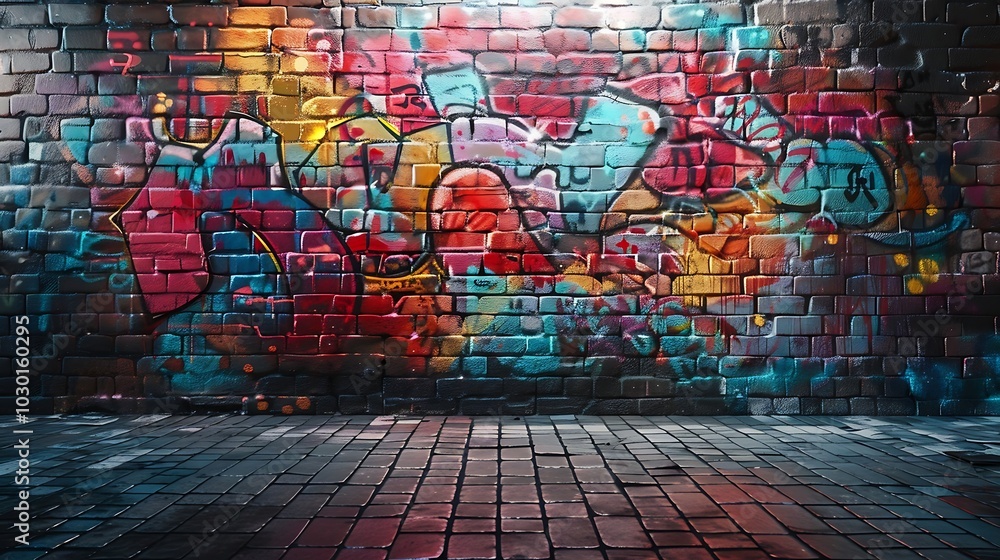 Fototapeta premium Colorful graffiti on a brick wall. Abstract background for design.