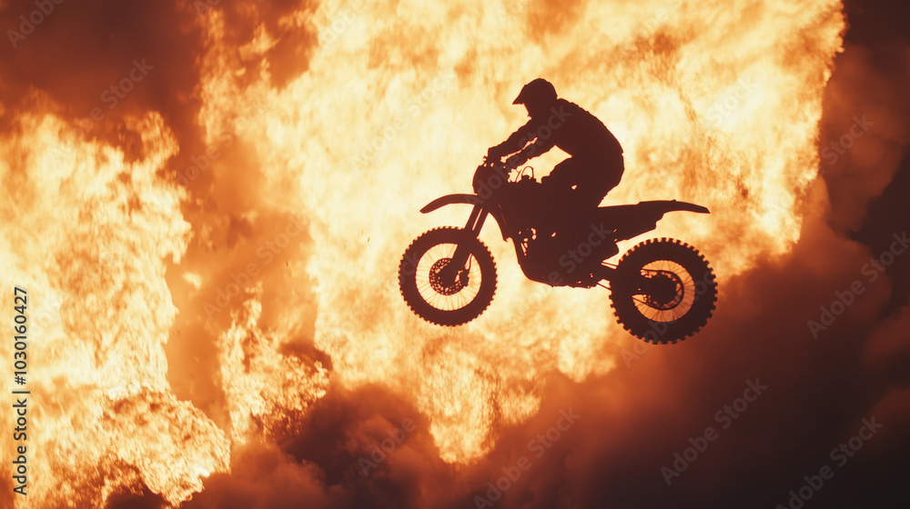 Stuntman Performing Dramatic Motorcycle Jump in Flames Stuntman Performing Dramatic Motorcycle Jump in Flames