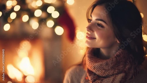 Wallpaper Mural A cozy Christmas portrait by the fireplace featuring a woman wrapped in a warm scarf surrounded by festive decorations Torontodigital.ca