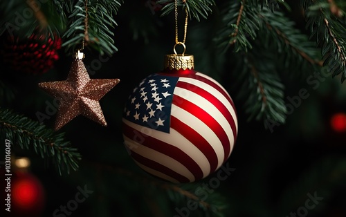 A decorative Christmas ornament featuring the American flag, hanging amongst pine branches, showcasing festive spirit. photo