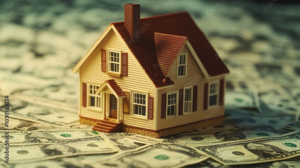 A Miniature House Model Resting on a Bed of US Dollar Bills A Miniature House Model Resting on a Bed of US Dollar Bills