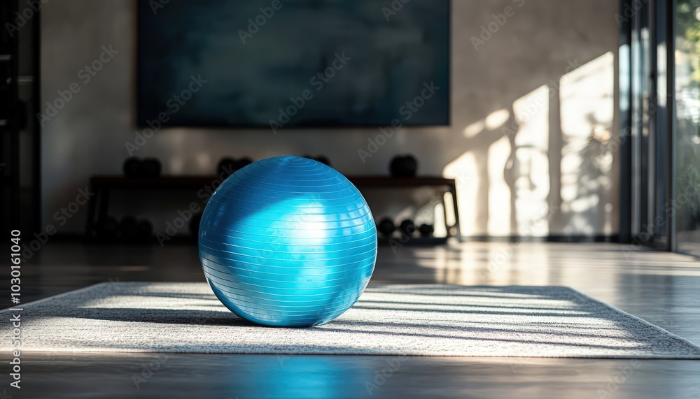 A vivid blue exercise ball poised in the sparse elegance a modern gym A vivid blue exercise ball poised in the sparse elegance a modern gym