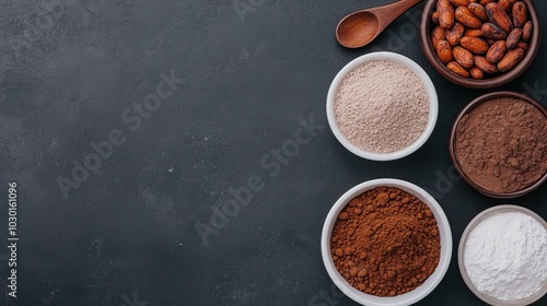 A variety of cocoa powders and almonds in bowls on a dark surface.