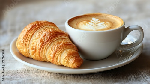 A white cup of latte art coffee with a croissant on a white saucer.