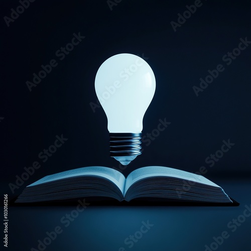 An open book with a glowing light bulb above it, symbolizing knowledge and enlightenment against a dark background.