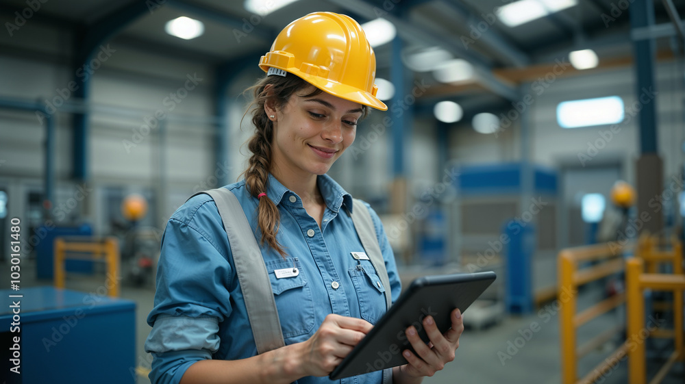 Portrait of female worker using digital tablet in warehouse. Industrial and industrial workers concept Portrait of female worker using digital tablet in warehouse. Industrial and industrial workers concept