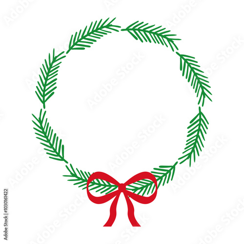 Tiempo de Navidad. Logo con corona navideña circular de ramas de pino o abeto con nudo de lazo para tarjetas y felicitaciones