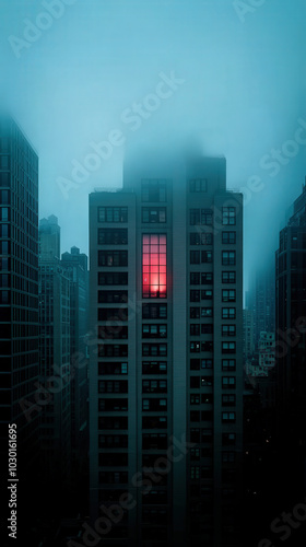 Nighttime Cityscape with Mist and Lighted Windows