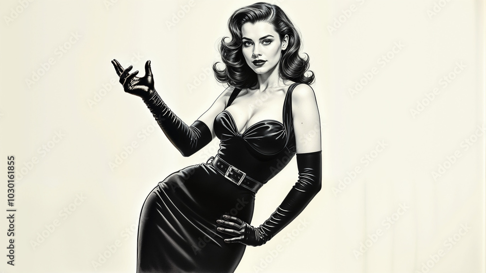 Obraz premium Brunette in black evening dress. Black and white image on white background. Pin-up style