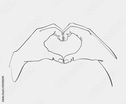 Minimalist line drawing of two hands forming a heart shape, symbolizing love, unity, and affection in simple black-and-white style.