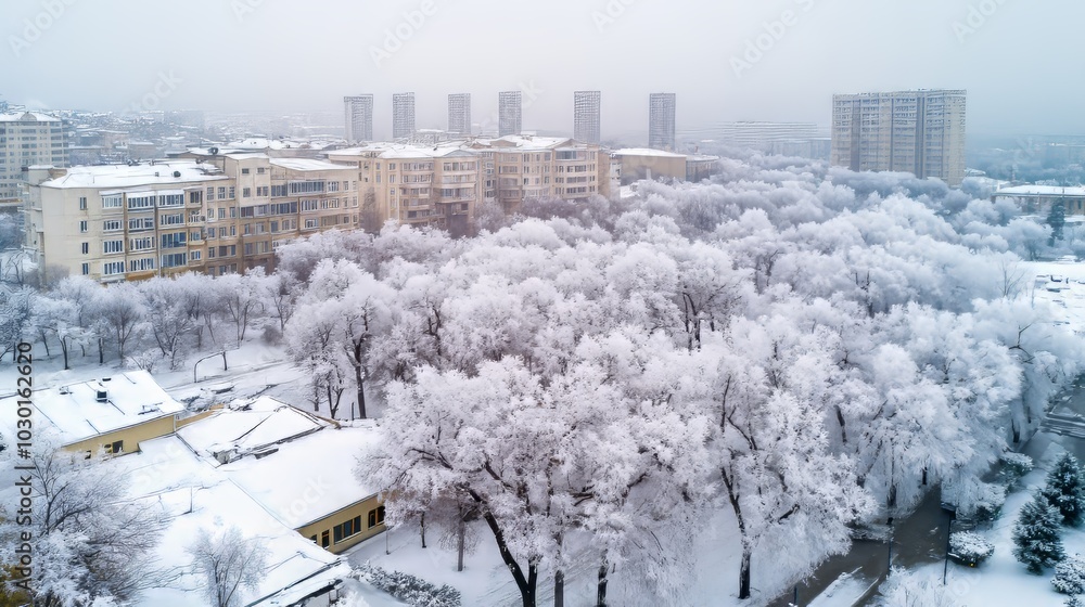 Obraz premium A drone captured a beautiful scene in Baku: evergreen trees covered in snow after a strong winter storm.