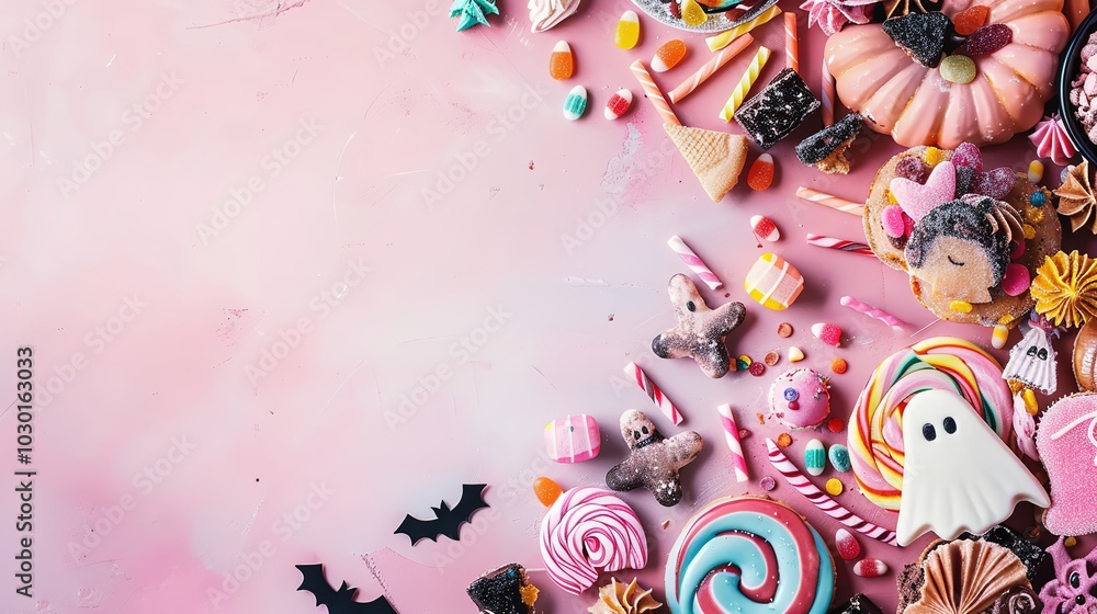 Whimsical Halloween Candy-Themed Table Spread with Ghosts, Pumpkins, Bats, and Playful Sweets, Ideal for Custom Text or Design Elements Whimsical Halloween Candy-Themed Table Spread with Ghosts, Pumpkins, Bats, and Playful Sweets, Ideal for Custom Text or Design Elements