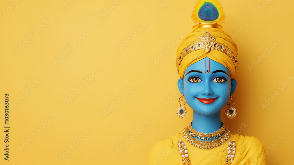 A vibrant image of a traditional deity figure with striking blue skin and intricate golden attire, set against a bright yellow background. A vibrant image of a traditional deity figure with striking blue skin and intricate golden attire, set against a bright yellow background.