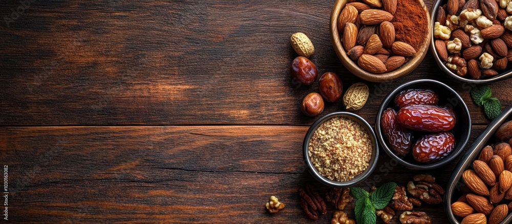 Dried Dates, Almonds, Pecans and Walnuts in Bowls on Rustic Wood Background. Dried Dates, Almonds, Pecans and Walnuts in Bowls on Rustic Wood Background.