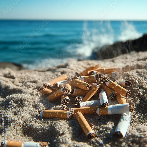 Cigarette butts in yellow sand on sea beach on coast against background of blue sky and sea. Problem of humanity. Cigarette smoking, bad habit. Nicotine addiction. Garbage