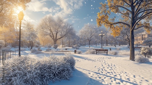 A picturesque town park bathed in sunshine, with fresh snow covering the ground.  The scene is captured in stunning 4K detail.