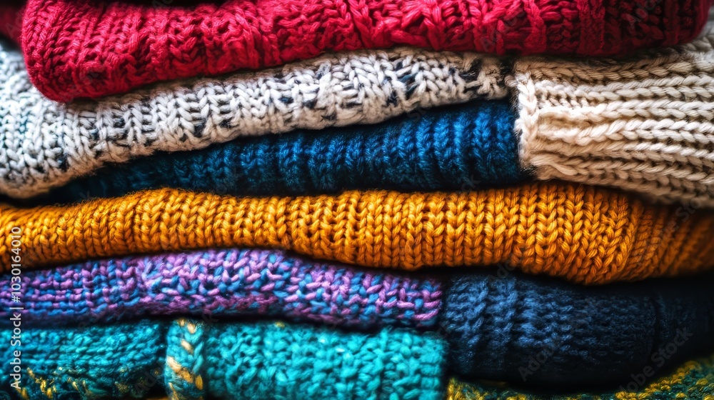A pile of colorful knitted sweaters stacked together, showing their edges. A pile of colorful knitted sweaters stacked together, showing their edges.