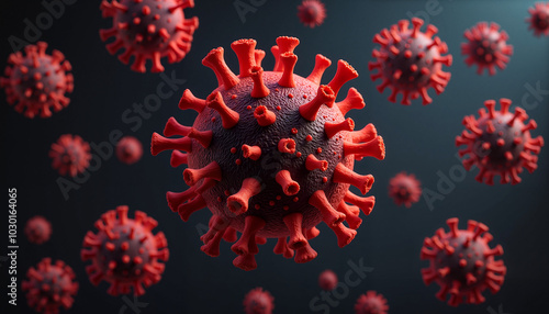 Realistic 3D rendering of virus particles in red against a dark background 