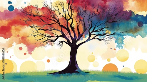 A vibrant abstract tree illustration with swirling patterns in a rainbow of colors, creating a whimsical and playful art piece that would be perfect for a background or design element.