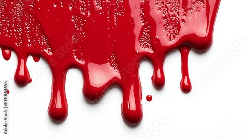 Bright red glossy liquid flowing down a smooth white surface