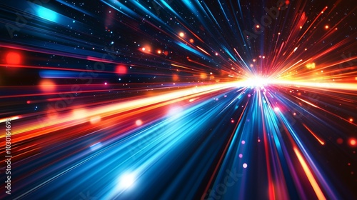 Light speed background with streaks of light in blue, orange and red colors. Shiny rays on dark backdrop