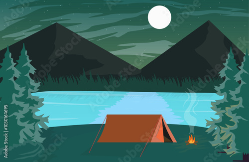 Landscape mountain night camping. Forest with lake, tent and campfire, sky with moon. Hiking adventure, nature tourism vector scene