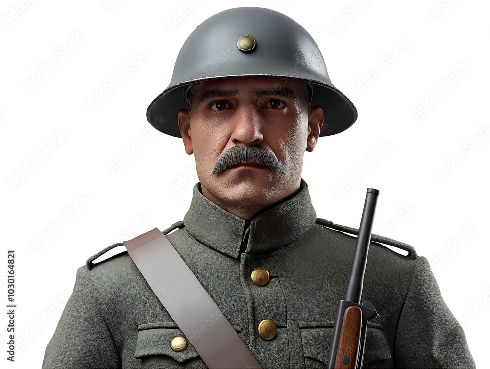 front view of a german soldier from world war i in military uniform with helmet and rifle, featuring a serious expression and detailed portrait for historical reenactment or war history presentations
front view of a german soldier from world war i in military uniform with helmet and rifle, featuring a serious expression and detailed portrait for historical reenactment or war history presentations