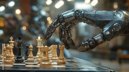 A robotic arm, powered by artificial intelligence, is about to defeat a human player in a chess game. The robot's intelligence surpasses human skill.