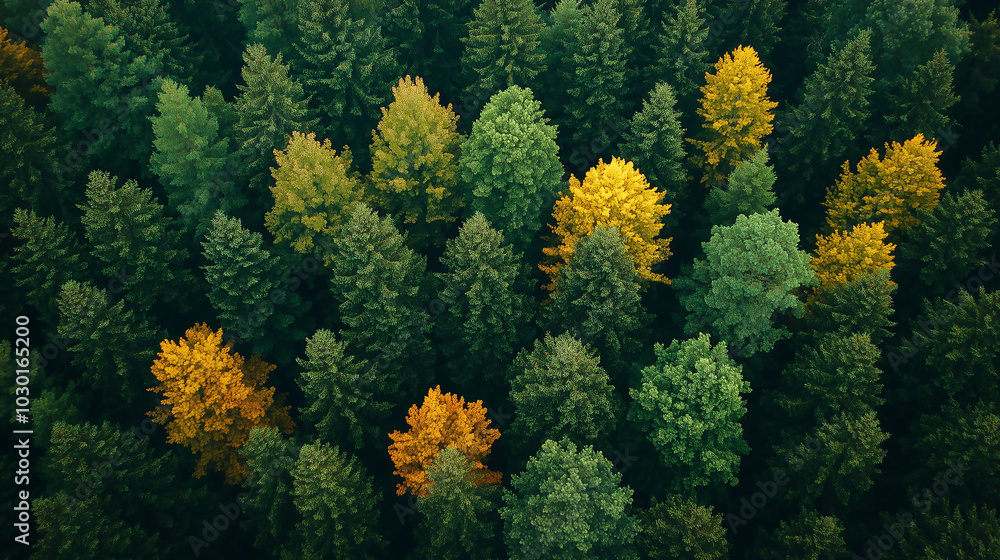 Aerial view of green and yellow trees in a forest, top-down perspective, high-resolution photography, professional color grading, soft shadows, low contrast, clean, sharp focus Aerial view of green and yellow trees in a forest, top-down perspective, high-resolution photography, professional color grading, soft shadows, low contrast, clean, sharp focus