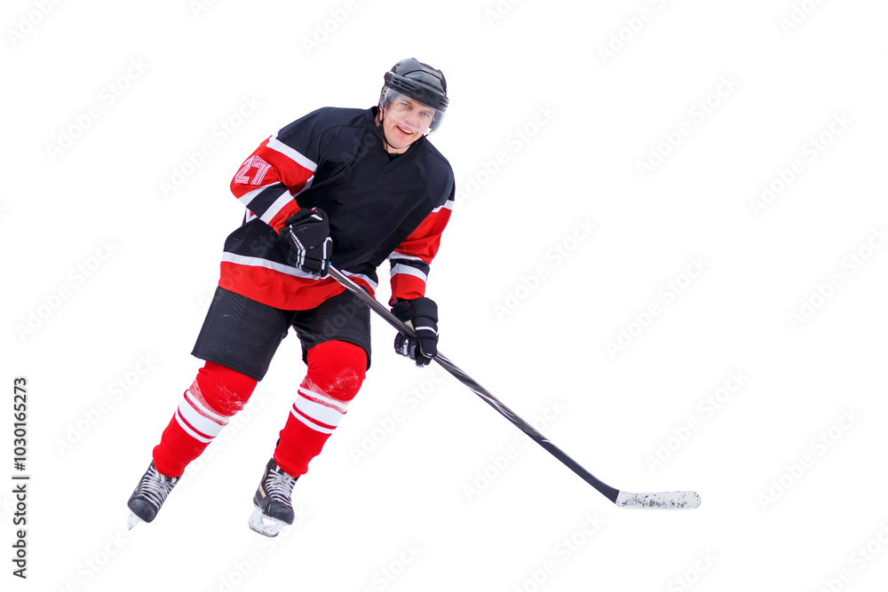Hockey player with stick smiling into the camera isolated on white background Hockey player with stick smiling into the camera isolated on white background
