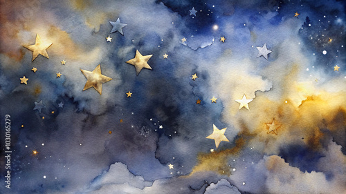 Watercolor background featuring delicate golden stars in a deep blue night sky, copy space
