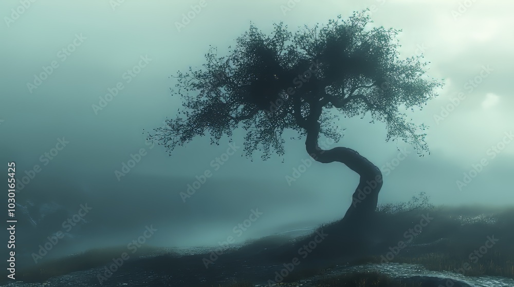A shadowy tree stands alone in the misty air. A shadowy tree stands alone in the misty air.